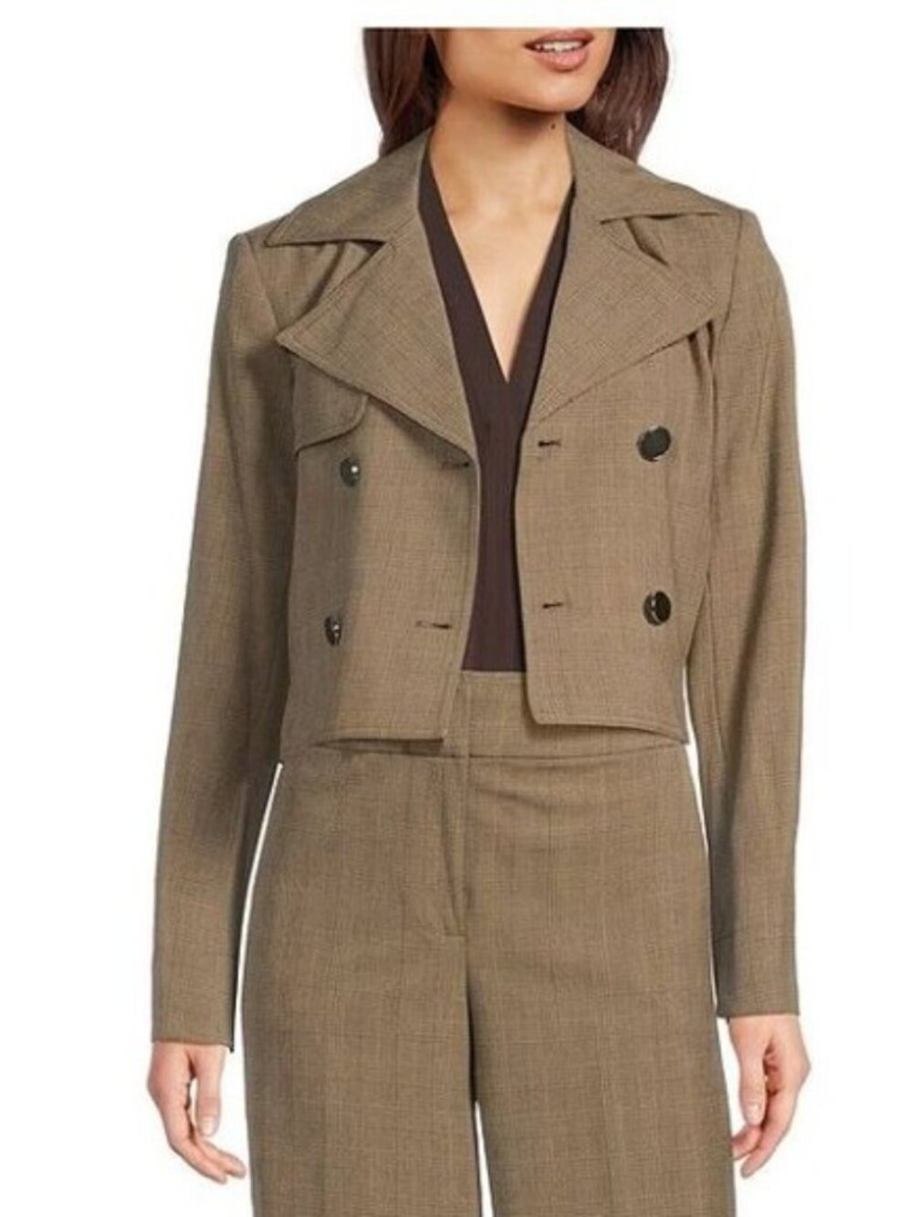 CALVIN KLEIN BROOWN JACKET SIZE 6 NOVELTY CHECK DOUBLE BREASTED TRENCH